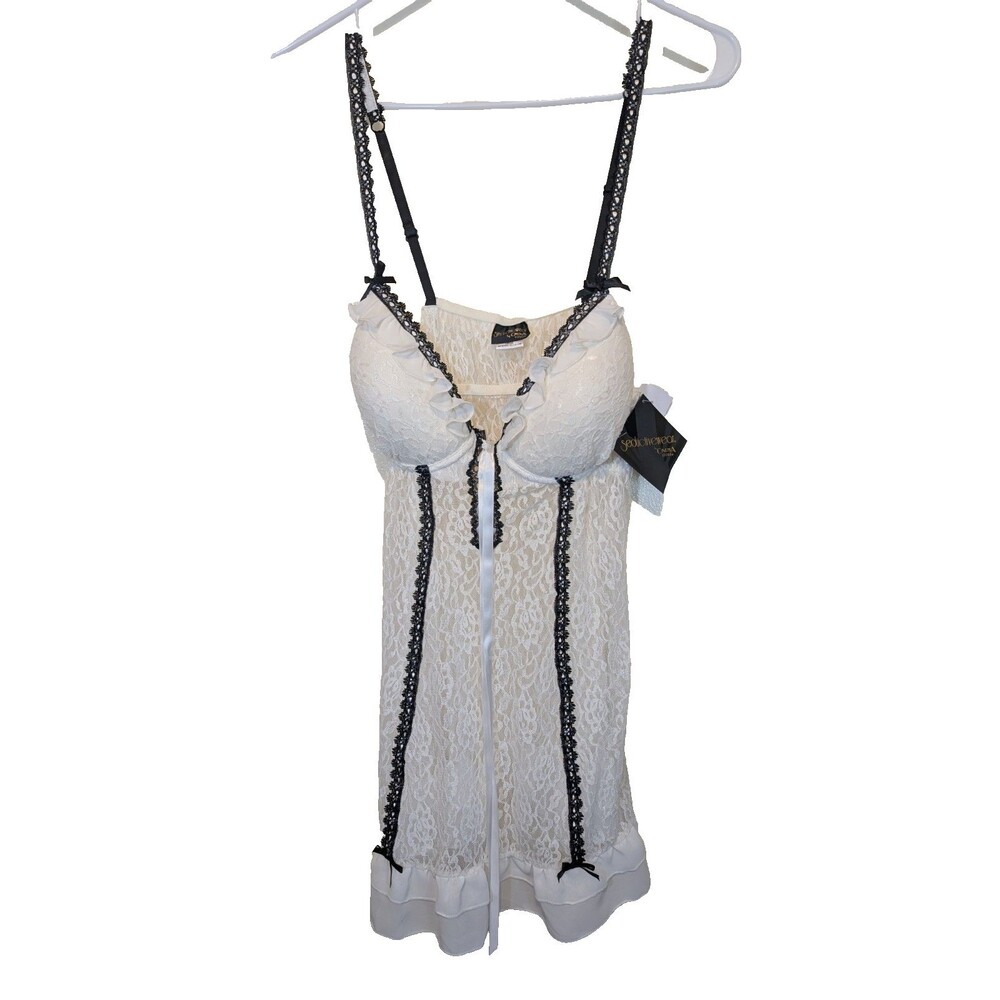 Cinema Etoile Seductive Wear Winter White Floral Lace Nylon Babydoll Sheer Large